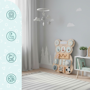 Tableau de manipulation Montessori en bois avec ours en peluche - apprentissage sensoriel et autonomie : Velcro, prise, labyrinthe, bouton à cliquet
