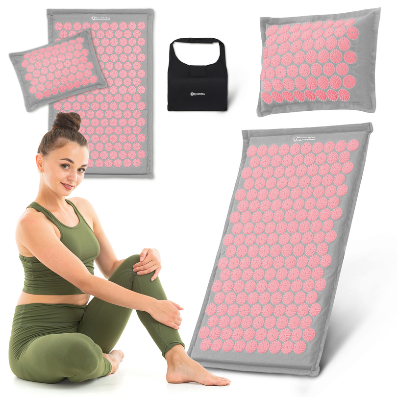 Tapis d'acupression en lin écologique avec coussin en fibres de coco et sarrasin – 68 cm HyperMotion Gris et rose