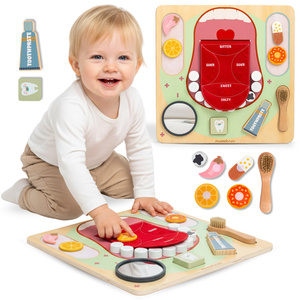 Planche éducative Montessori en bois Petit Dentiste - brosse à dents, dentifrice, dents amovibles, miroir, nourriture, apprentissage des saveurs
