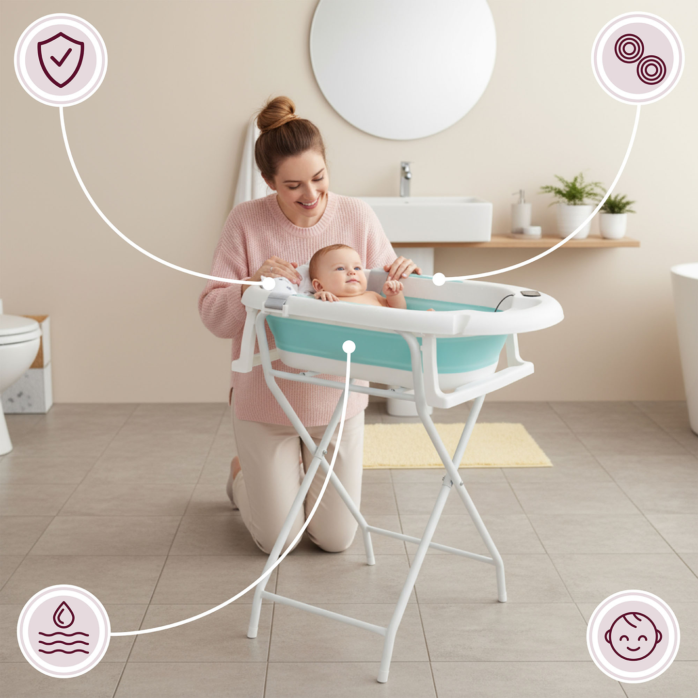 Baignoire pliante pour bébé avec thermomètre, insert et support - couleur menthe