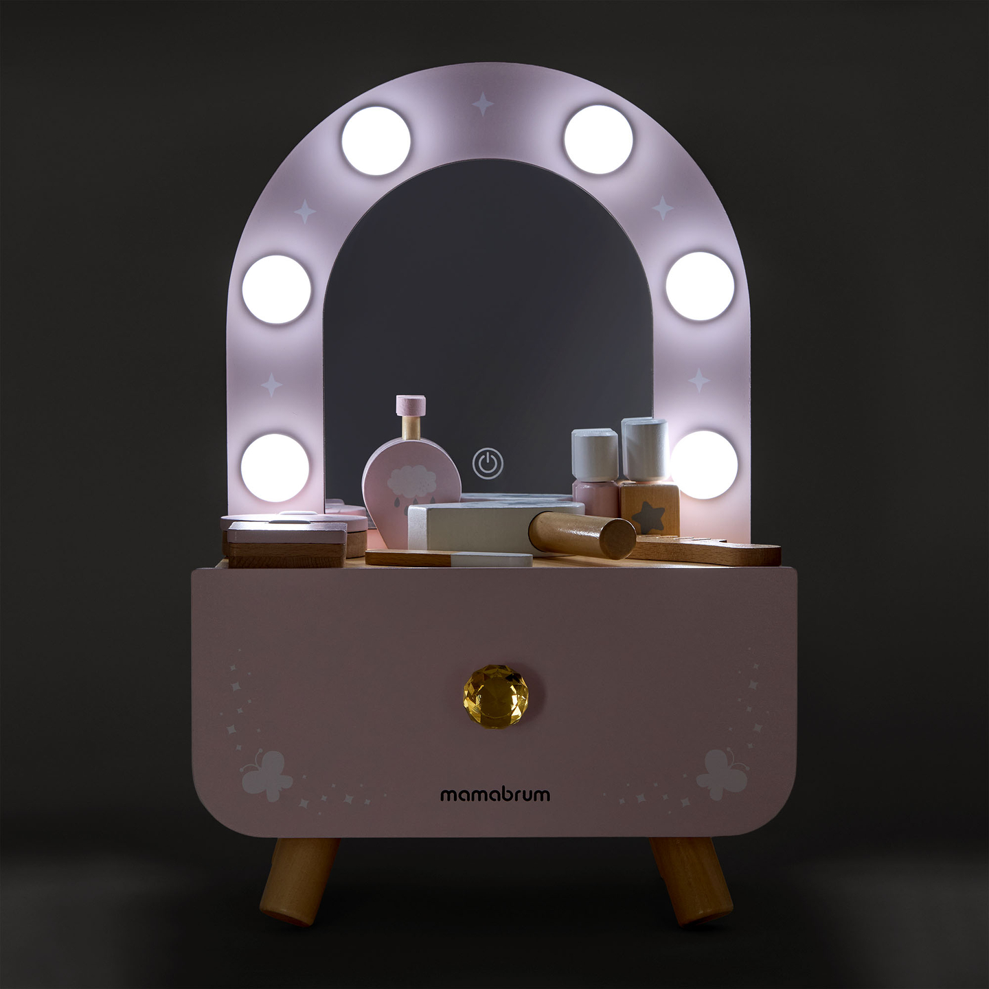 Mini coiffeuse en bois pour enfants avec accessoires et éclairage LED à luminosité réglable.
