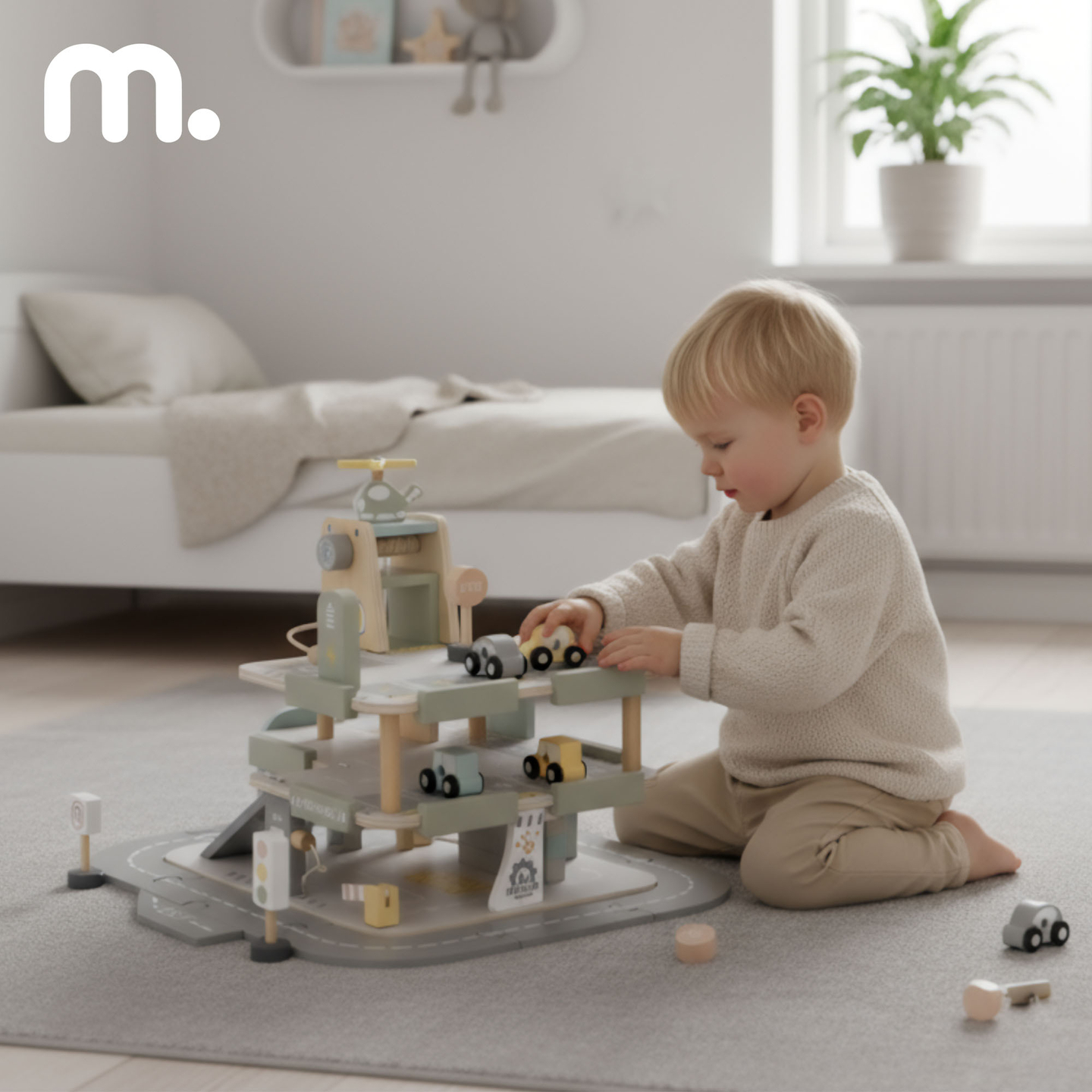 Garage en bois à trois étages pour enfants avec accessoires – parking, station-service, lave-auto, hélicoptère