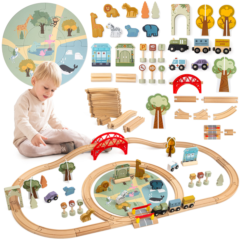 Train ZOO en bois – puzzle, train, rails, animaux, pont, barrière