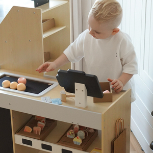 Marché aux légumes en bois - grand étal XXL, magasin avec caisse enregistreuse ludique