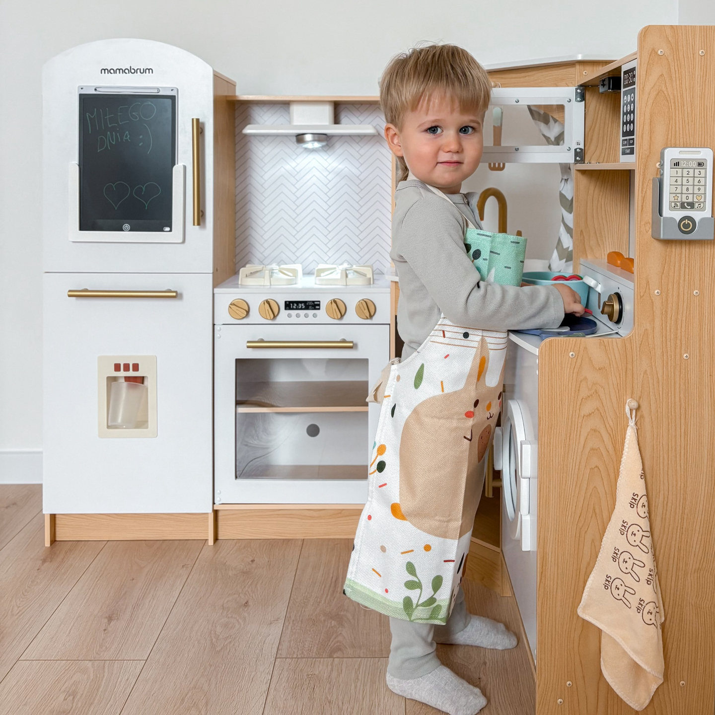 XXXXL grande cuisine interactive en bois avec éclairage LED, lave-linge, micro-ondes, machine à café et set de fruits et légumes - 50 éléments