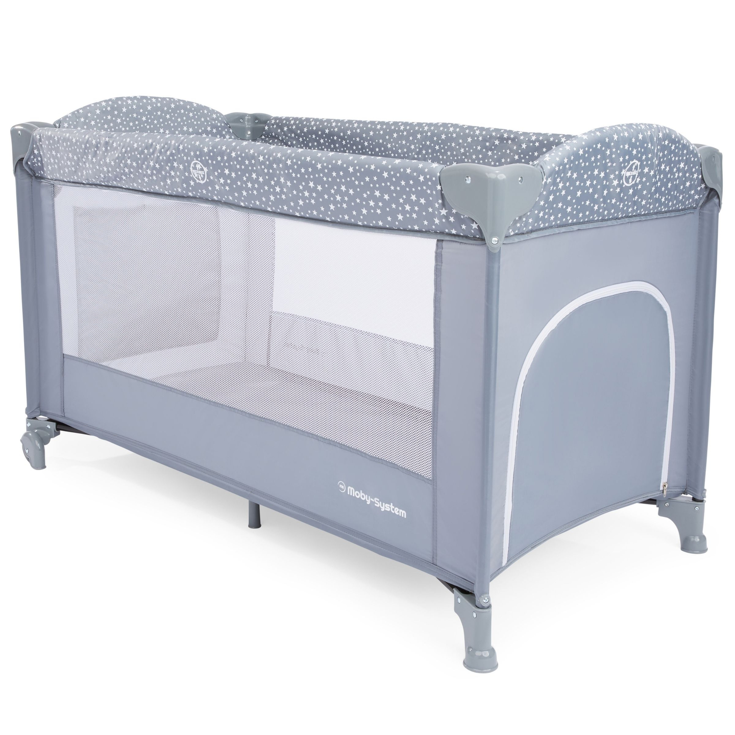 Lit parapluie / parc 2 niveaux avec table à langer, toit et matelas Happy Traveler BASIC PLUS - gris