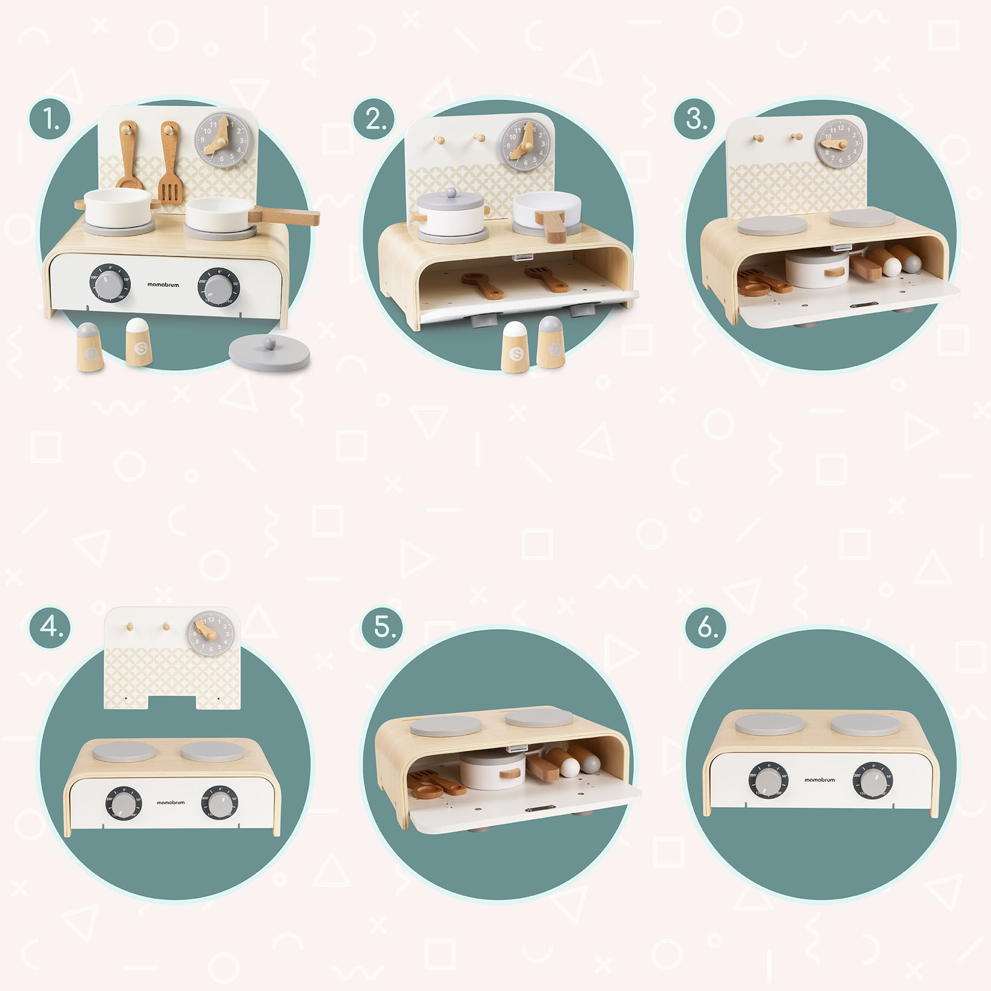 Cuisine pliante en bois Mamabrum pour enfants - Ensemble avec casseroles, accessoires de cuisine et rangement