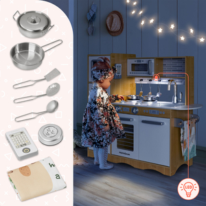 Cuisine en bois XXL avec éclairage LED, tablier et accessoires