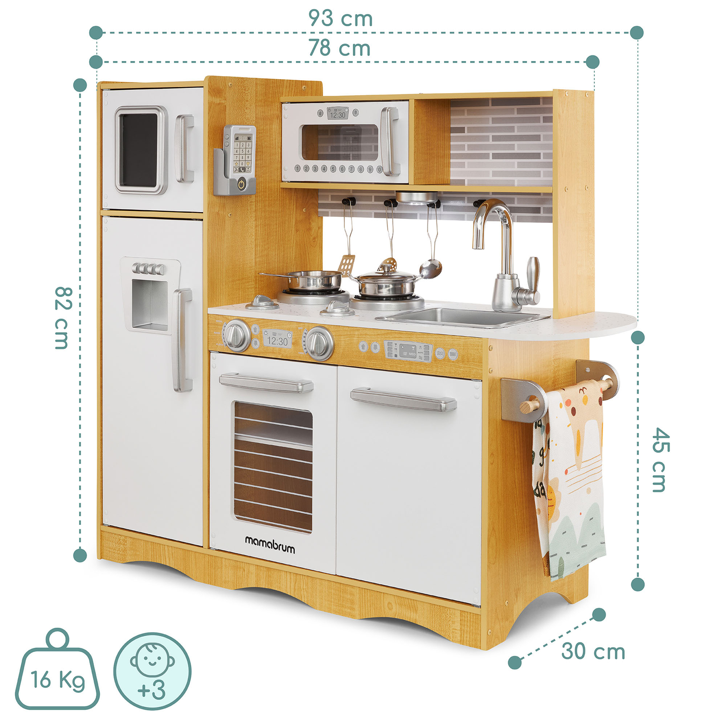 Cuisine en bois XXL avec éclairage LED, tablier et accessoires