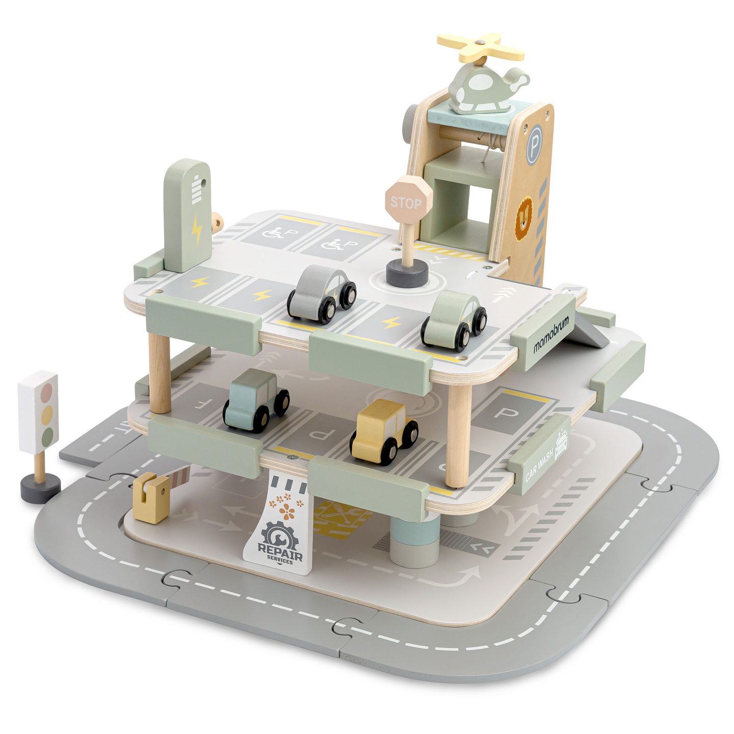 Garage en bois à trois étages pour enfants avec accessoires – parking, station-service, lave-auto, hélicoptère