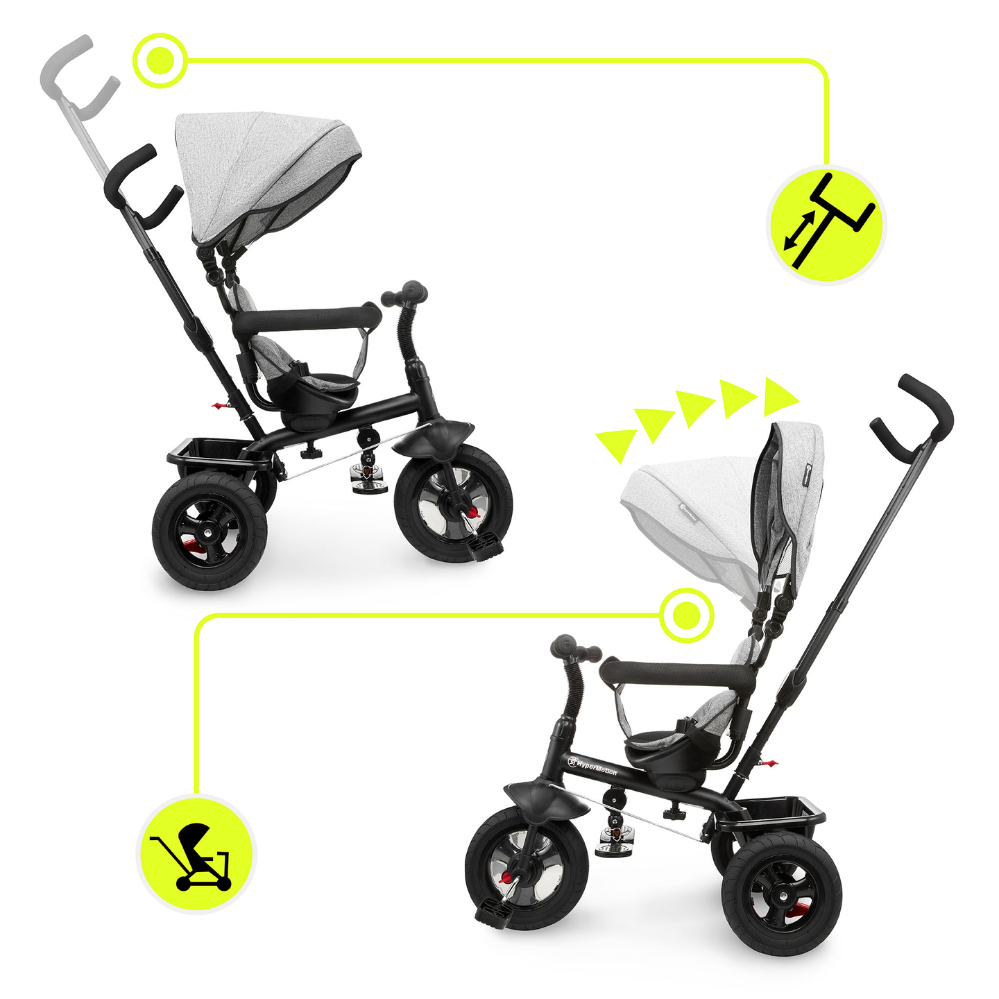 Tricycle pour enfants 1-4 ans - TOBI FREY - couleur gris - pivotant - roues gonflables + poussoir