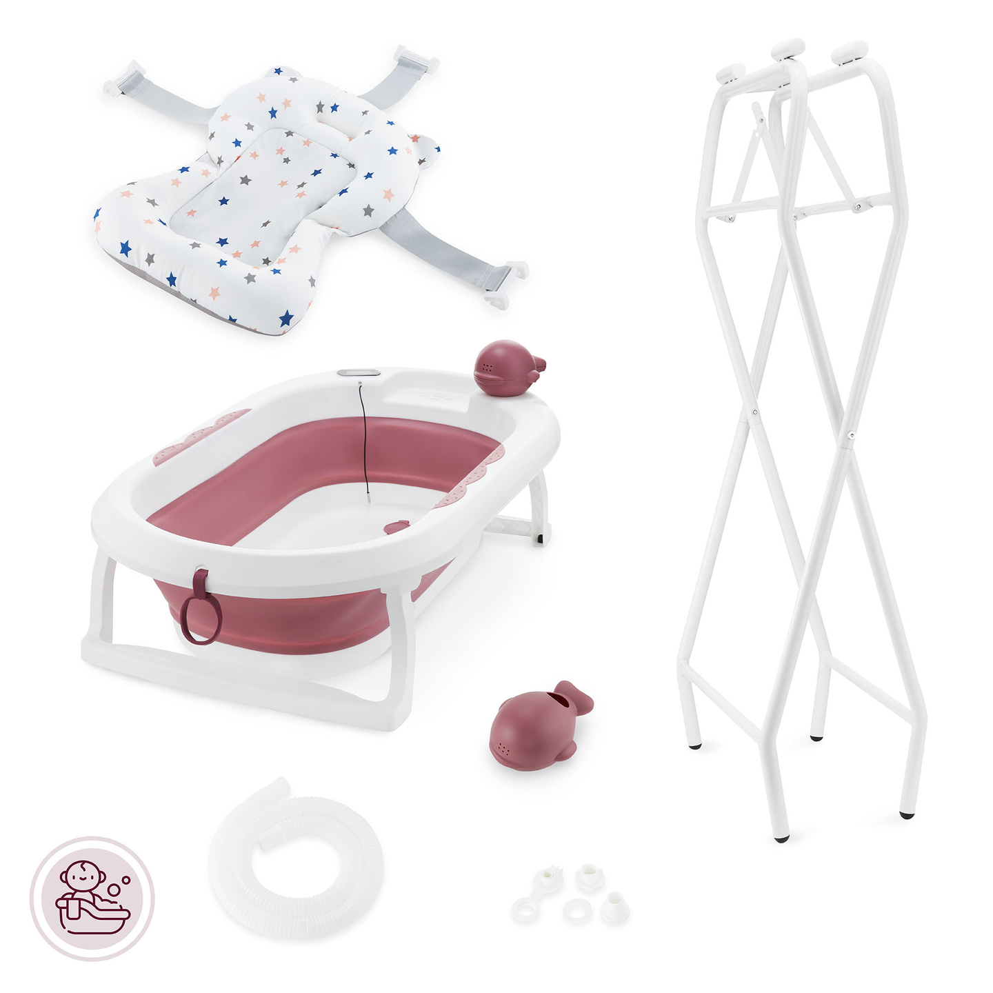 Baignoire pliante pour bébé avec thermomètre, insert et support - couleur rose sale