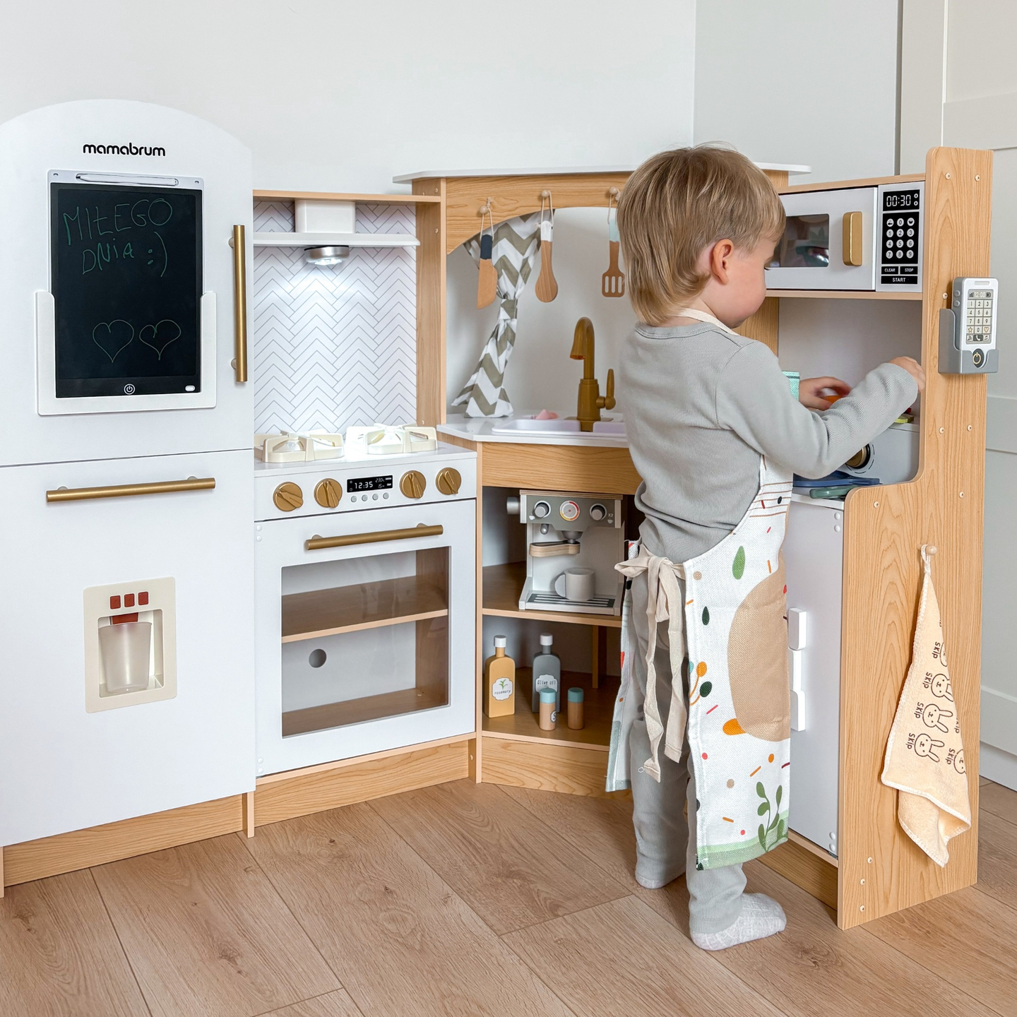 XXXXL grande cuisine interactive en bois avec éclairage LED, lave-linge, micro-ondes, machine à café et set de fruits et légumes - 50 éléments