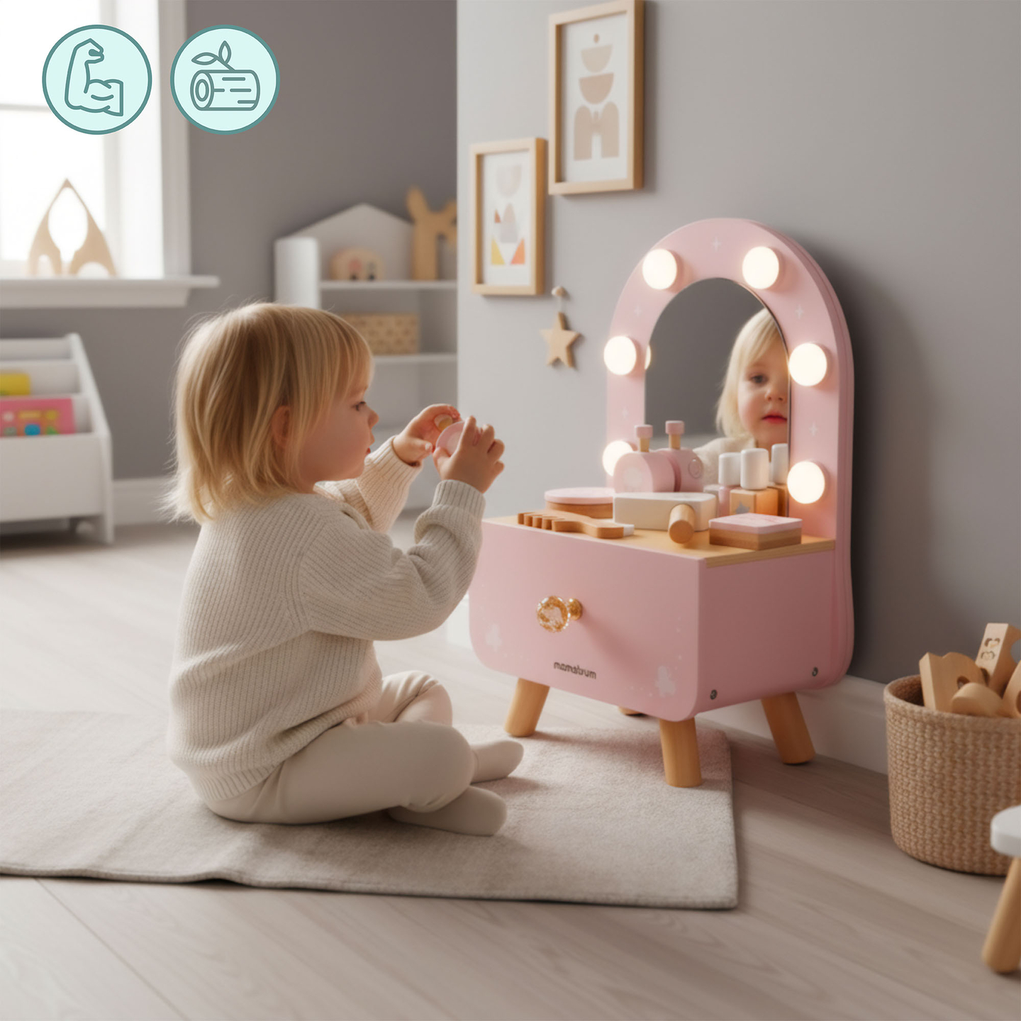 Mini coiffeuse en bois pour enfants avec accessoires et éclairage LED à luminosité réglable.
