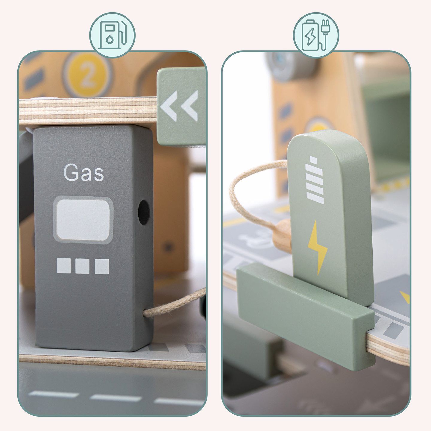 Garage en bois à trois étages pour enfants avec accessoires – parking, station-service, lave-auto, hélicoptère