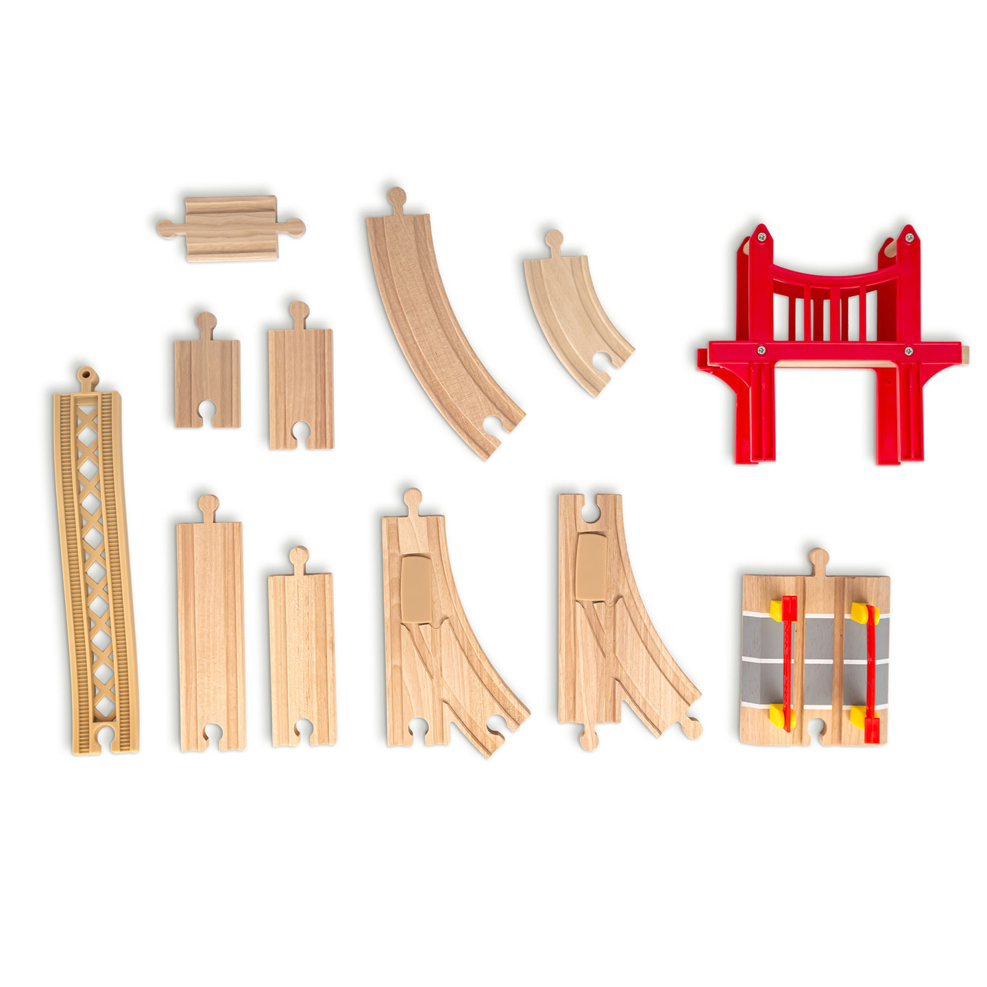 Chemin de fer urbain en bois avec train électrique - grue mobile, bateau, ponts