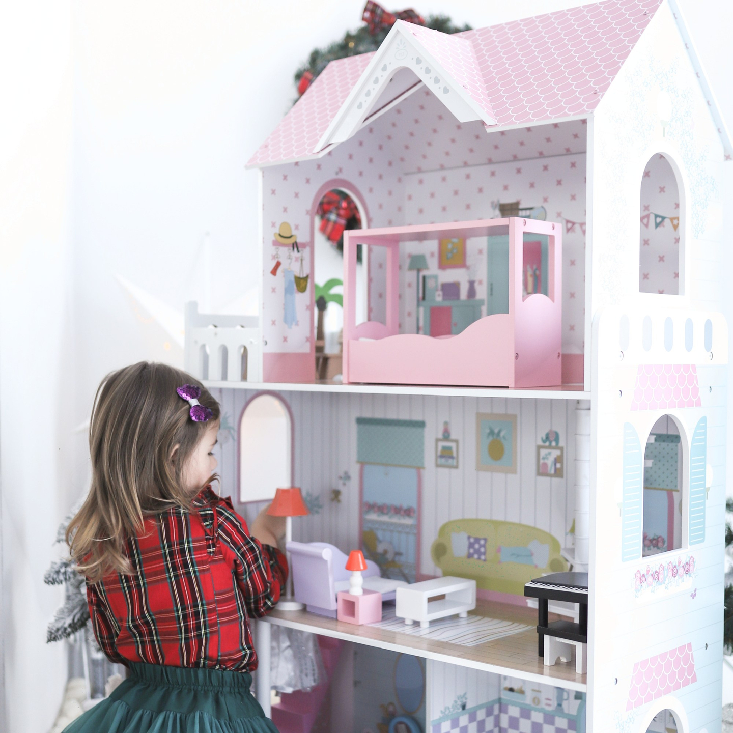 XXL La plus grande maison de poupées en bois - 123 cm - illuminée par LED - terrasse, accessoires, jardin