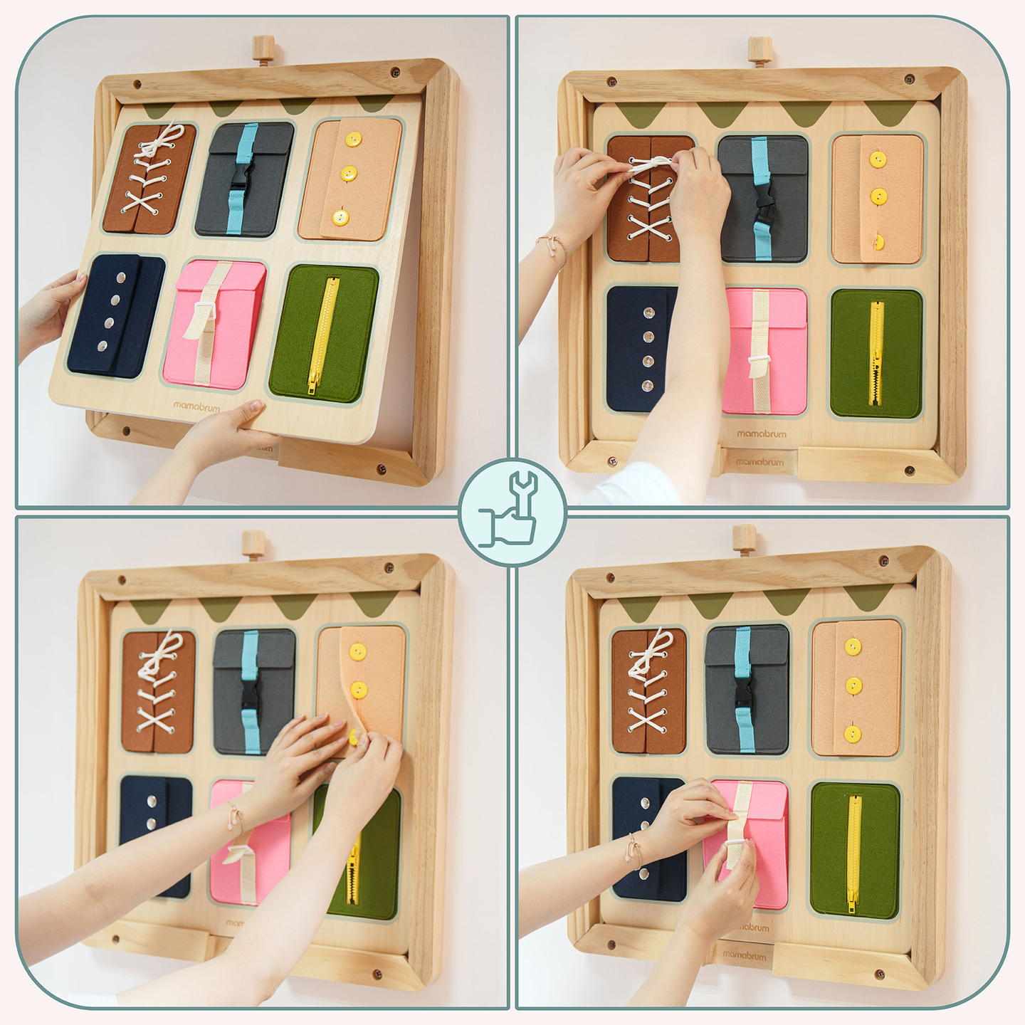 Tableau de manipulation Montessori en bois – Apprentissage sensoriel de l'autonomie – lacets, boucles, boutons, pressions, fermeture éclair