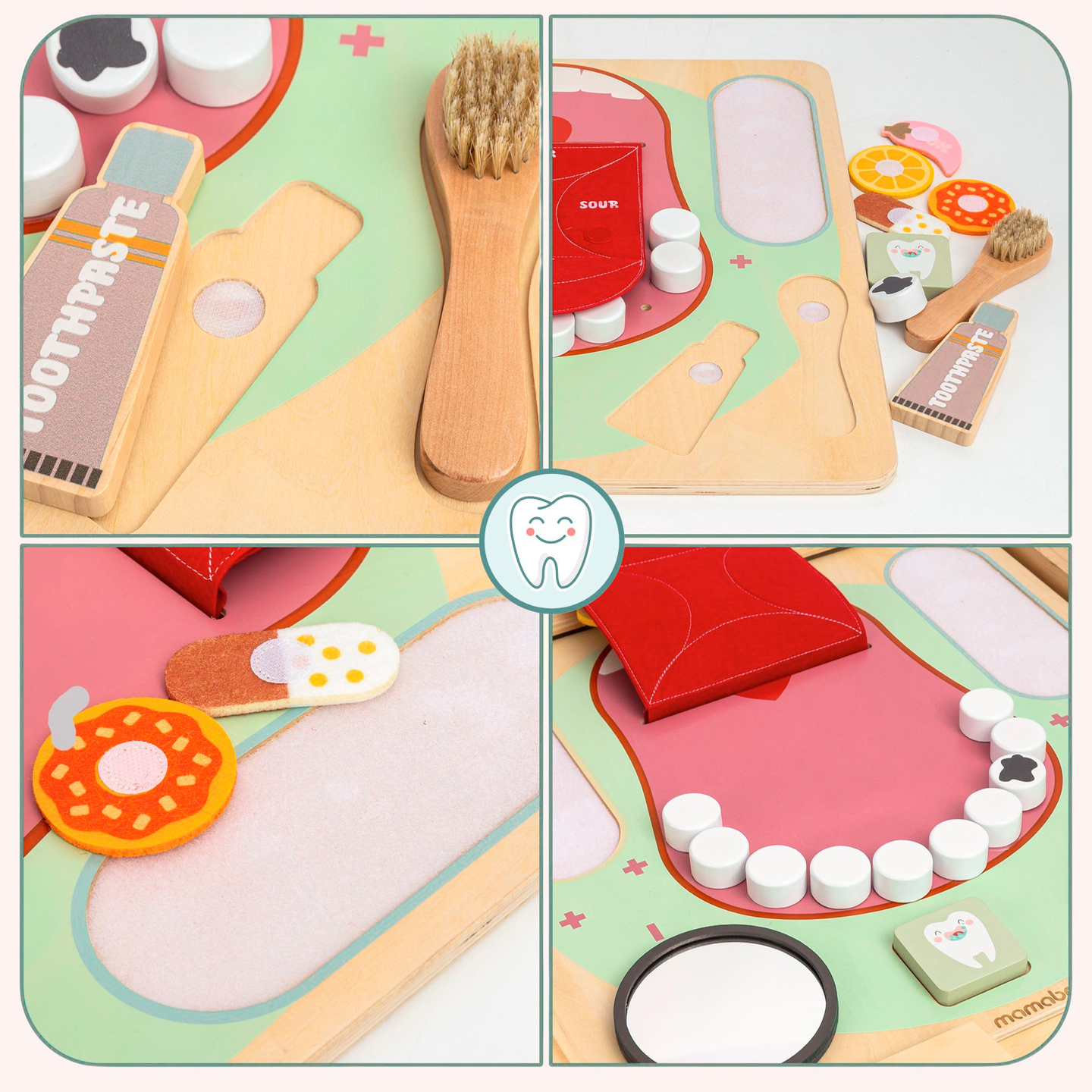 Planche éducative Montessori en bois Petit Dentiste - brosse à dents, dentifrice, dents amovibles, miroir, nourriture, apprentissage des saveurs