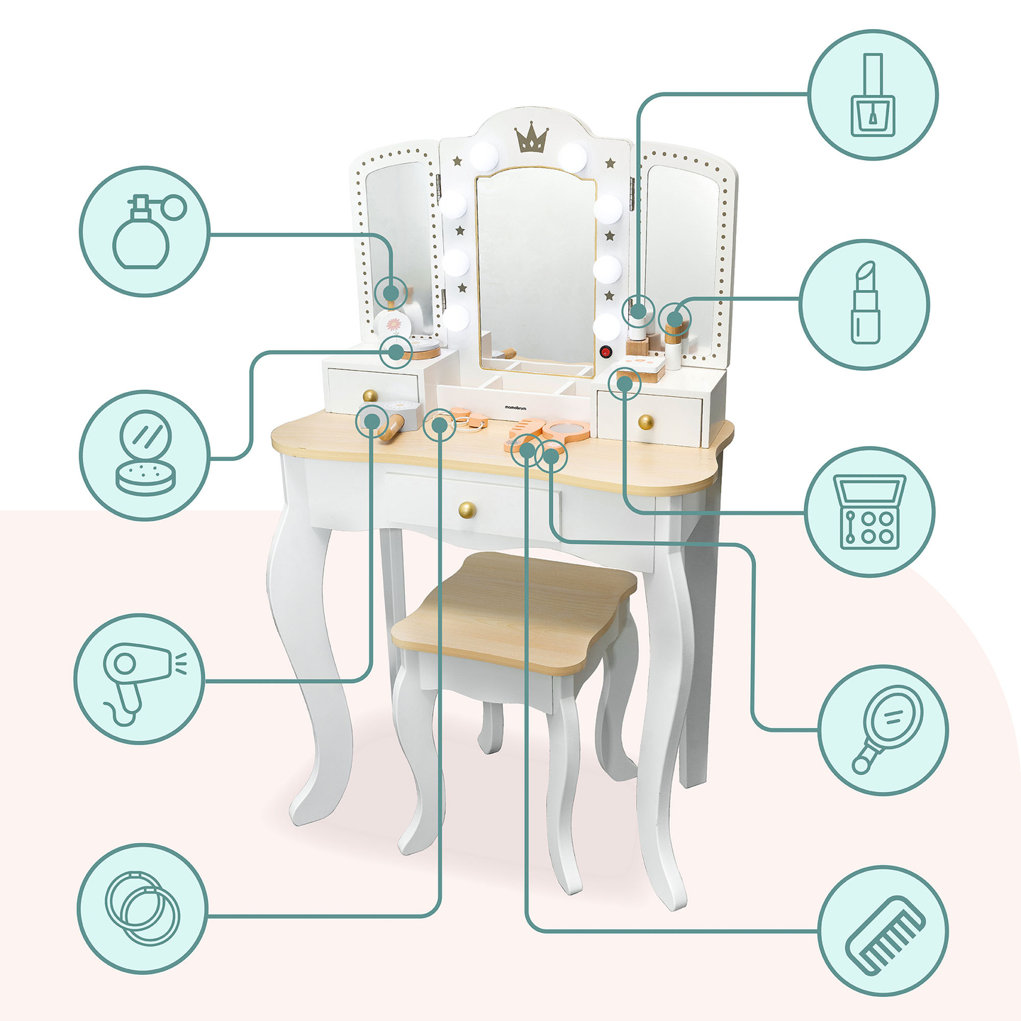 Coiffeuse XXL en bois avec tabouret et éclairage LED pour enfants + accessoires