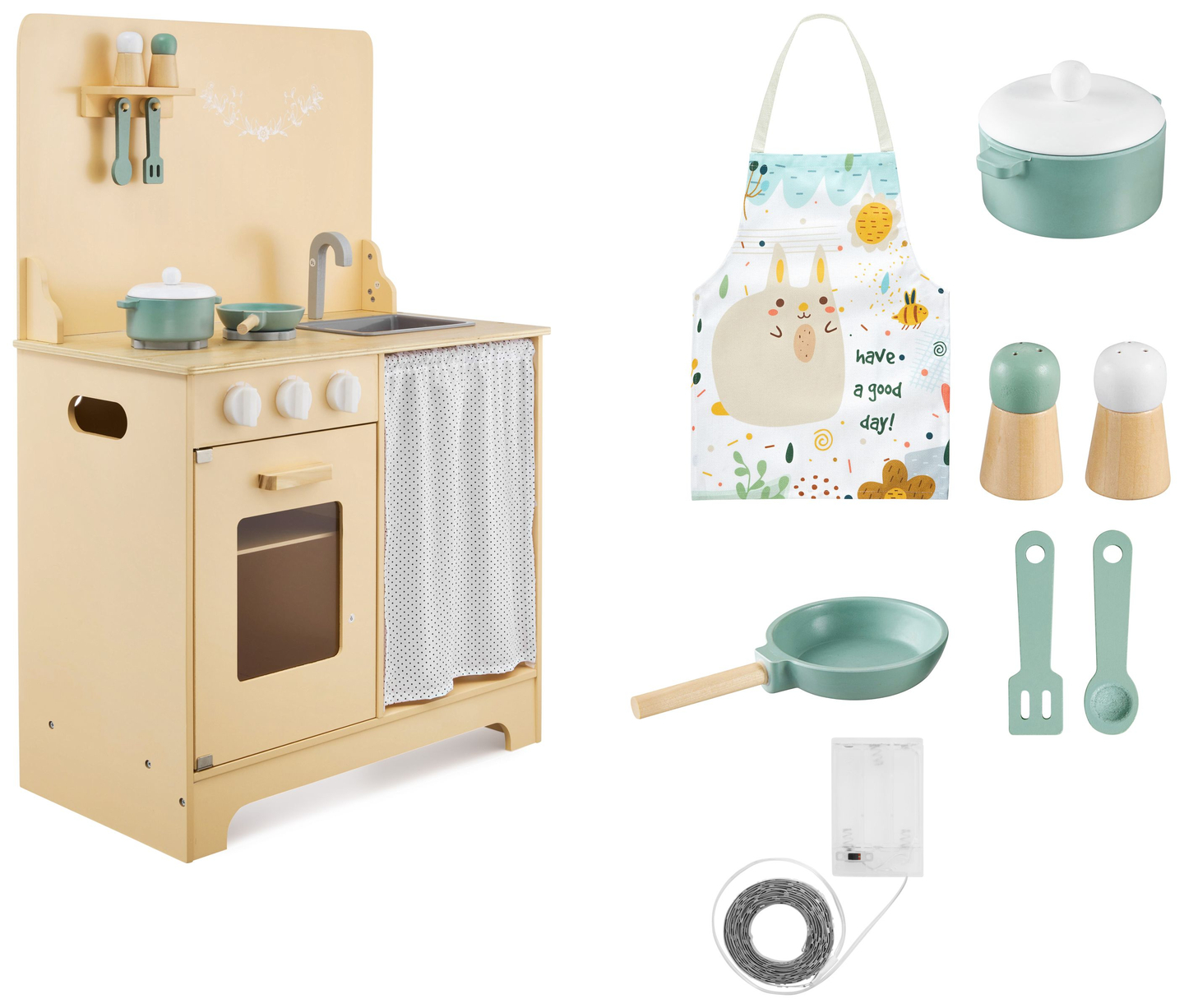 Cuisine en bois avec tablier, accessoires et éclairage LED