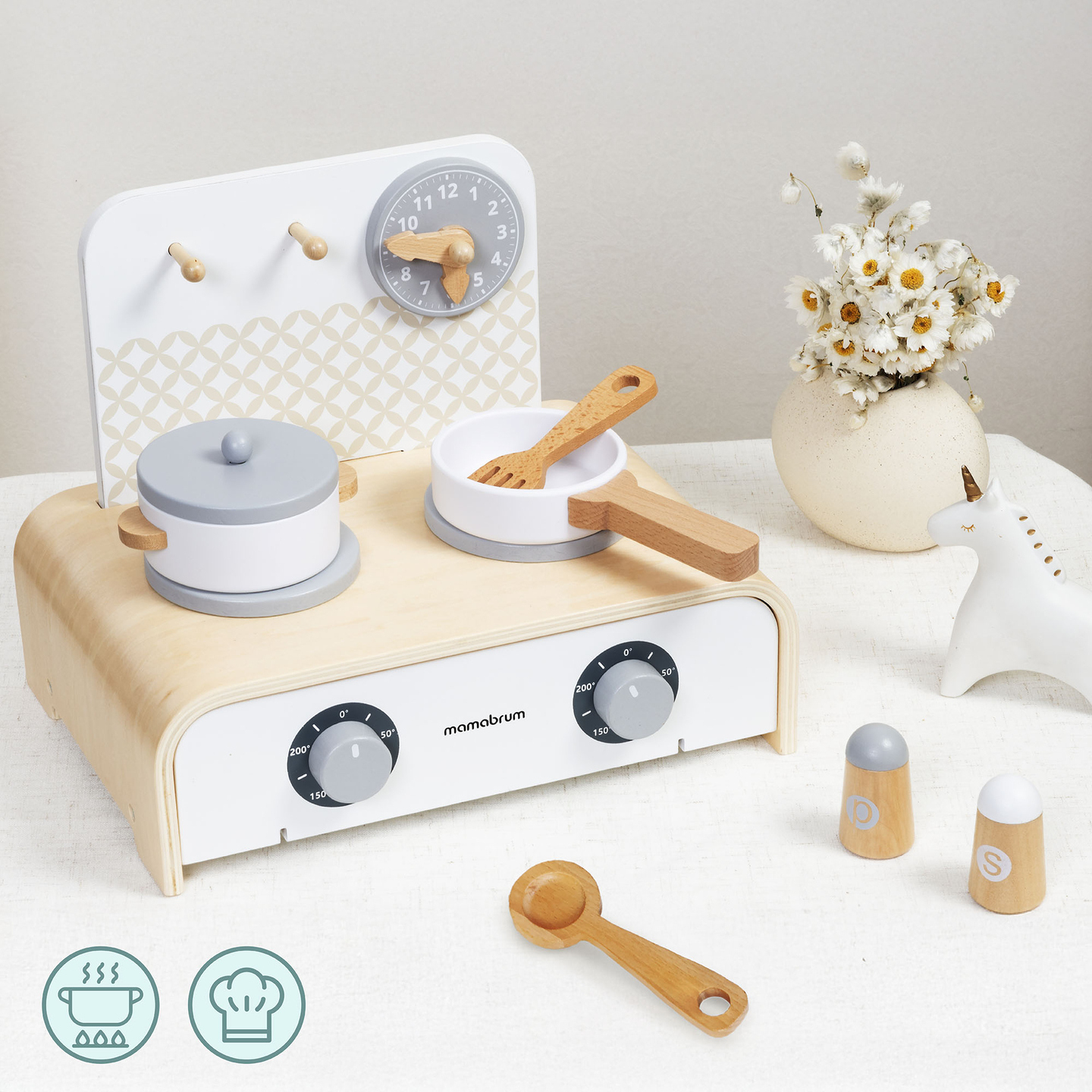 Cuisine pliante en bois Mamabrum pour enfants - Ensemble avec casseroles, accessoires de cuisine et rangement