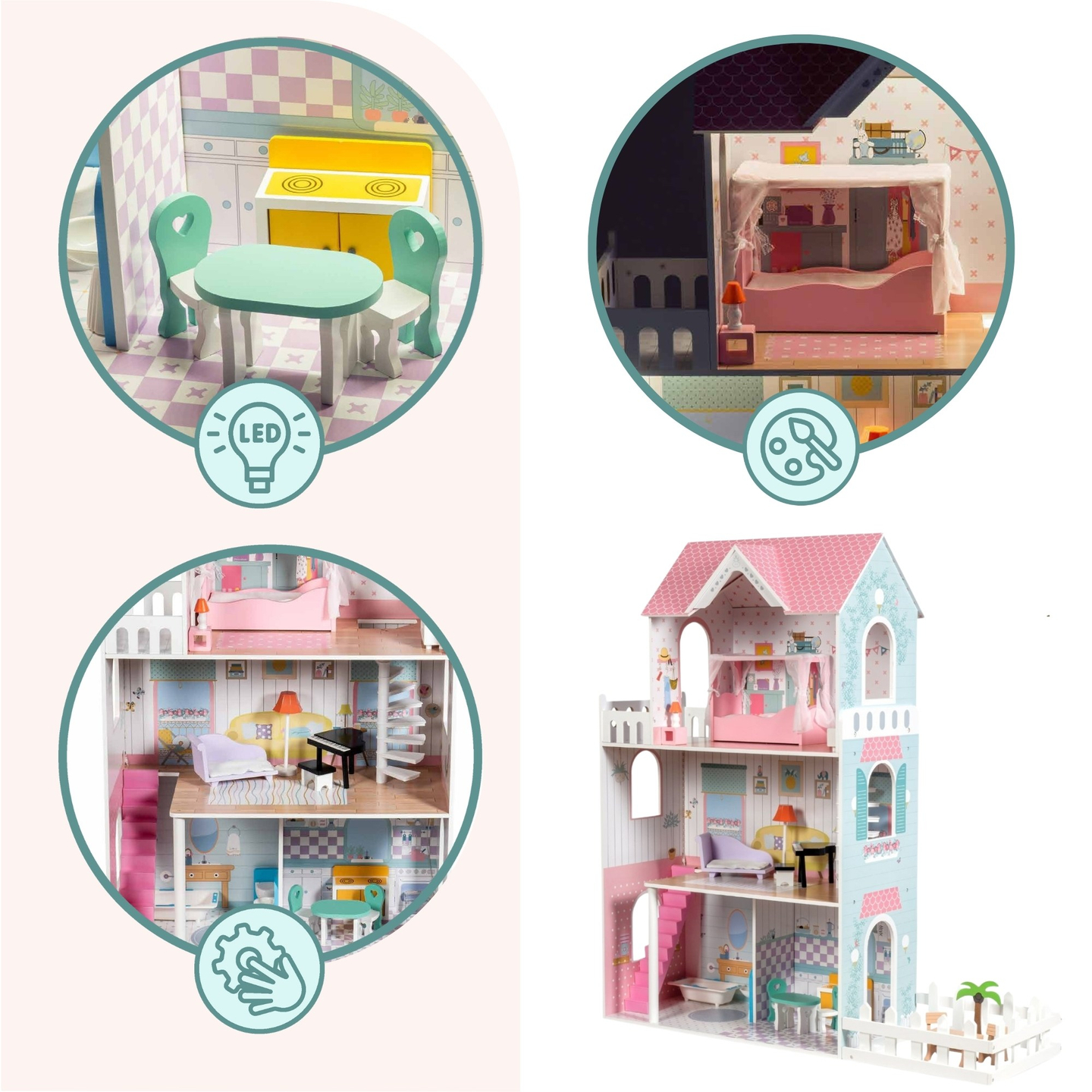 XXL La plus grande maison de poupées en bois - 123 cm - illuminée par LED - terrasse, accessoires, jardin