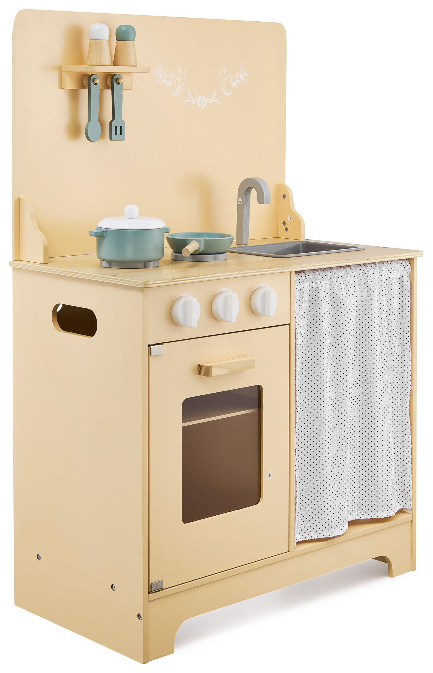 Cuisine en bois avec tablier, accessoires et éclairage LED