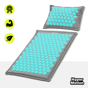 Tapis d'acupression en lin écologique avec coussin en fibres de coco et sarrasin – 68 cm HyperMotion Gris-Menthe