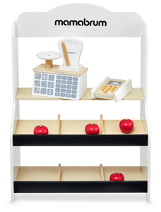 Mini market - magasin avec balances, terminal, carte de paiement et fruits