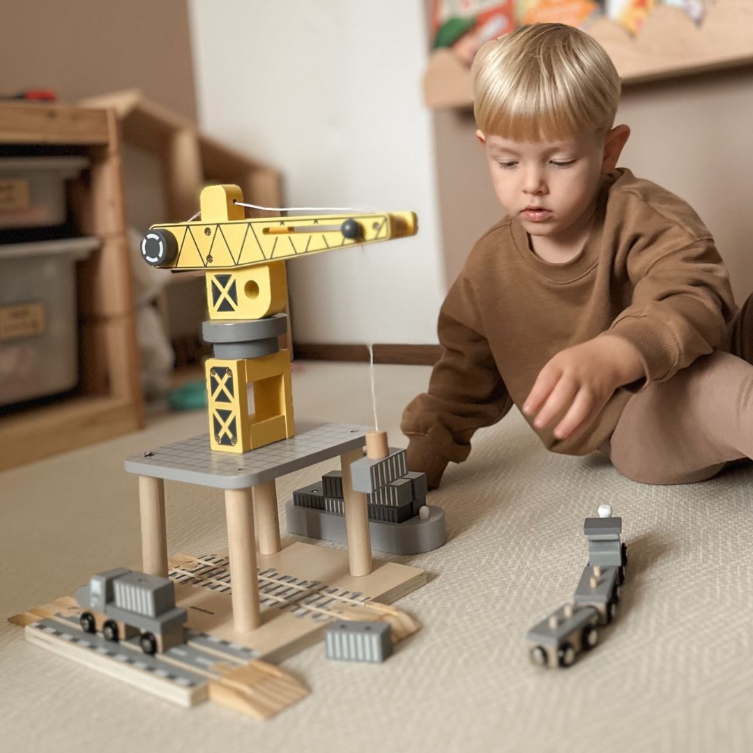 Grue portuaire mobile avec treuil magnétique et accessoires - ensemble en bois