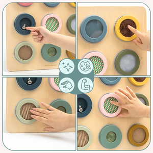 Tableau sensoriel Montessori en bois – 9 textures à découvrir et à développer le sens du toucher