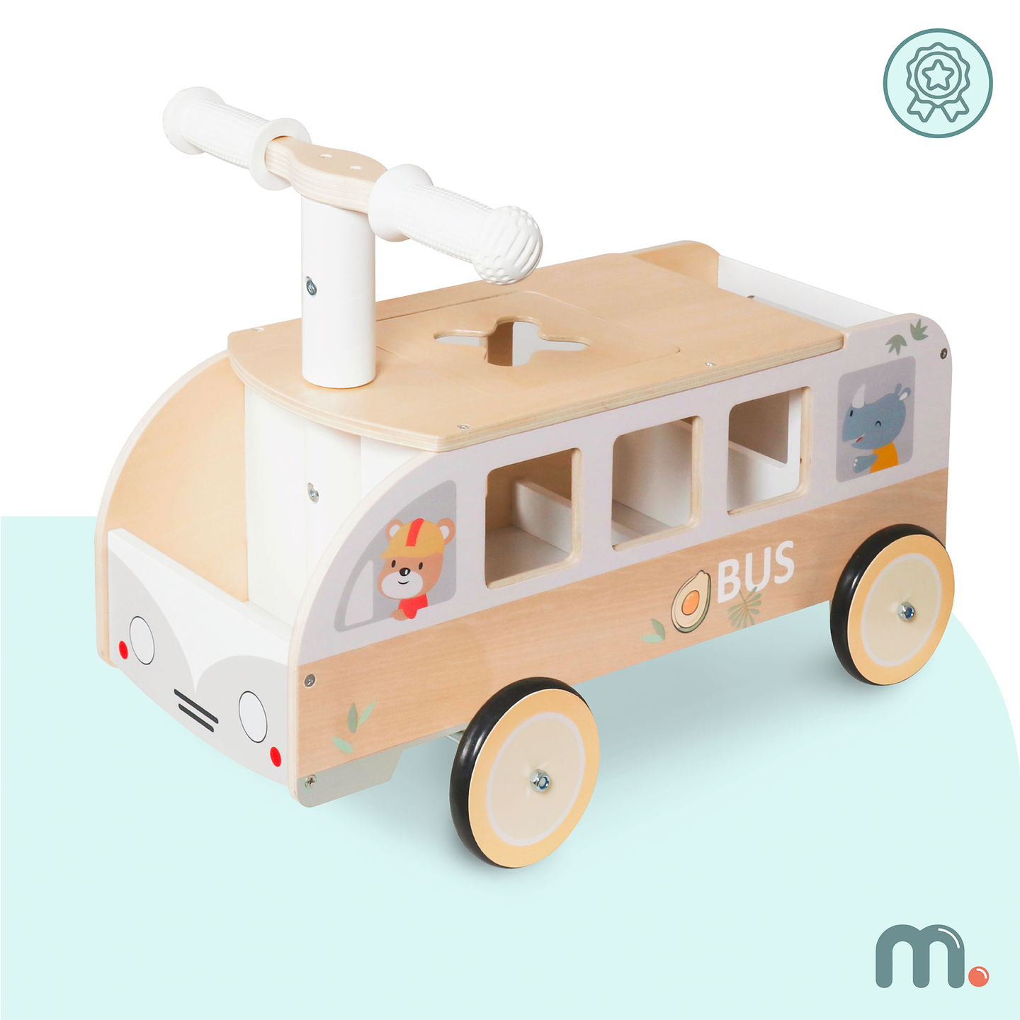 Bus en bois à pédales pour enfants - Bus avec compartiments de rangement et espace pour les peluches