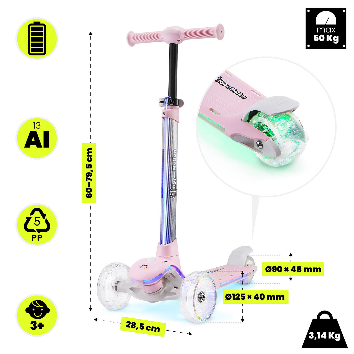 Trottinette d'équilibre HyperMotion BECKY - Éclairage LED RGB, rose