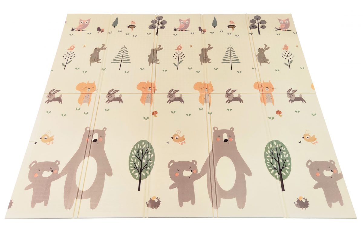 Tapis en mousse double face XXL - pliable 1 CM (forêt avec un ours en peluche et des chevaux)