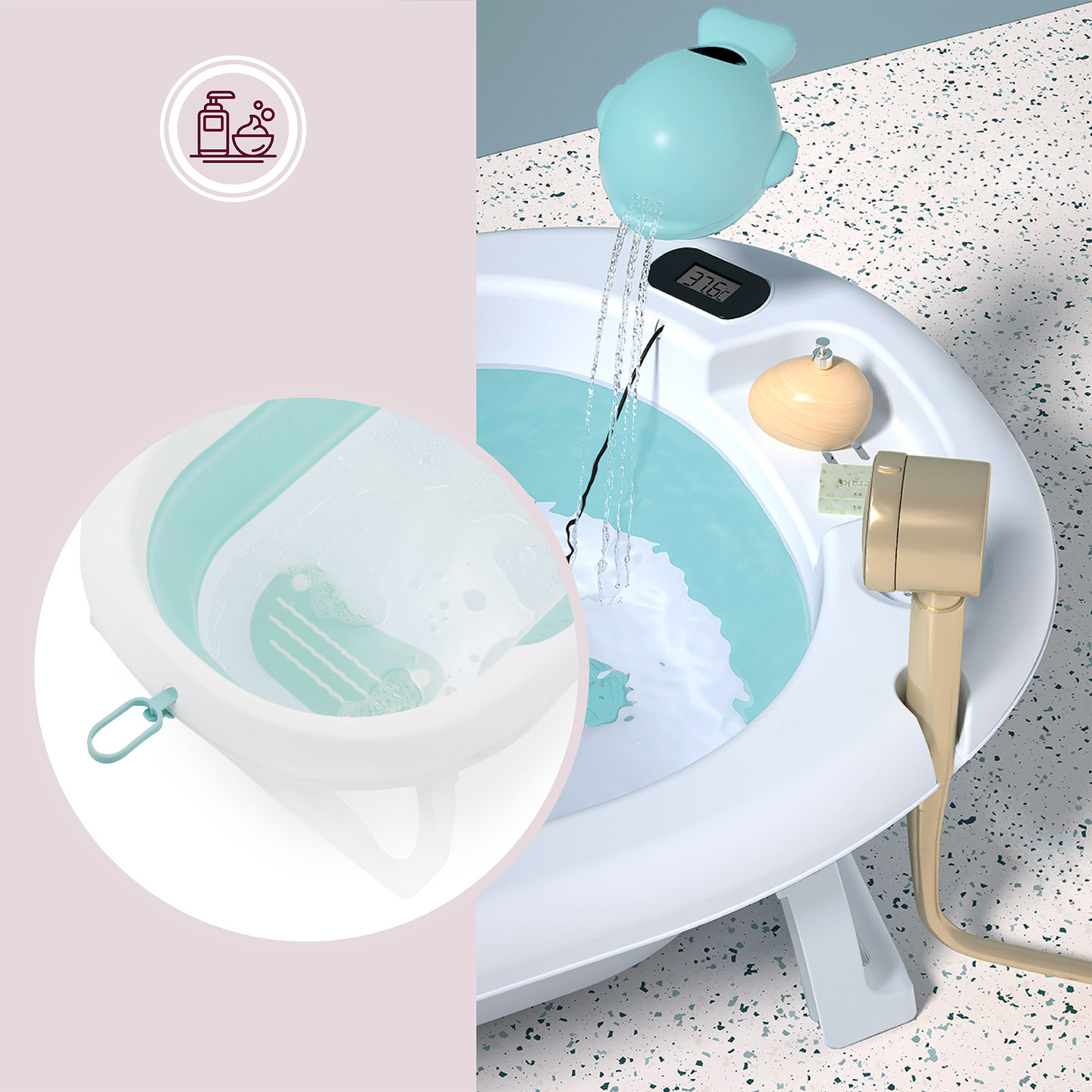 Baignoire pliante pour bébé avec thermomètre, insert et support - couleur menthe
