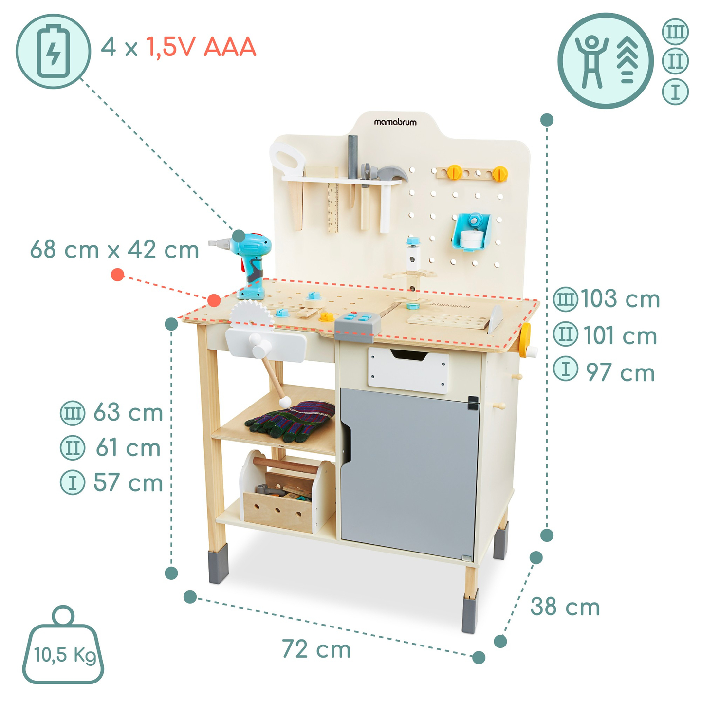 XXL Grand atelier en bois avec outils - set de bricolage, 74 éléments
