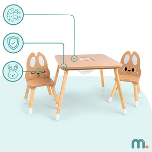 Table en bois avec rangement et 2 chaises Ensemble enfant - Lapin mignon