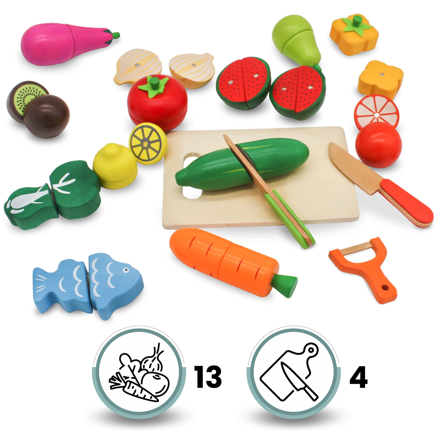 Fruits et légumes en bois à couper