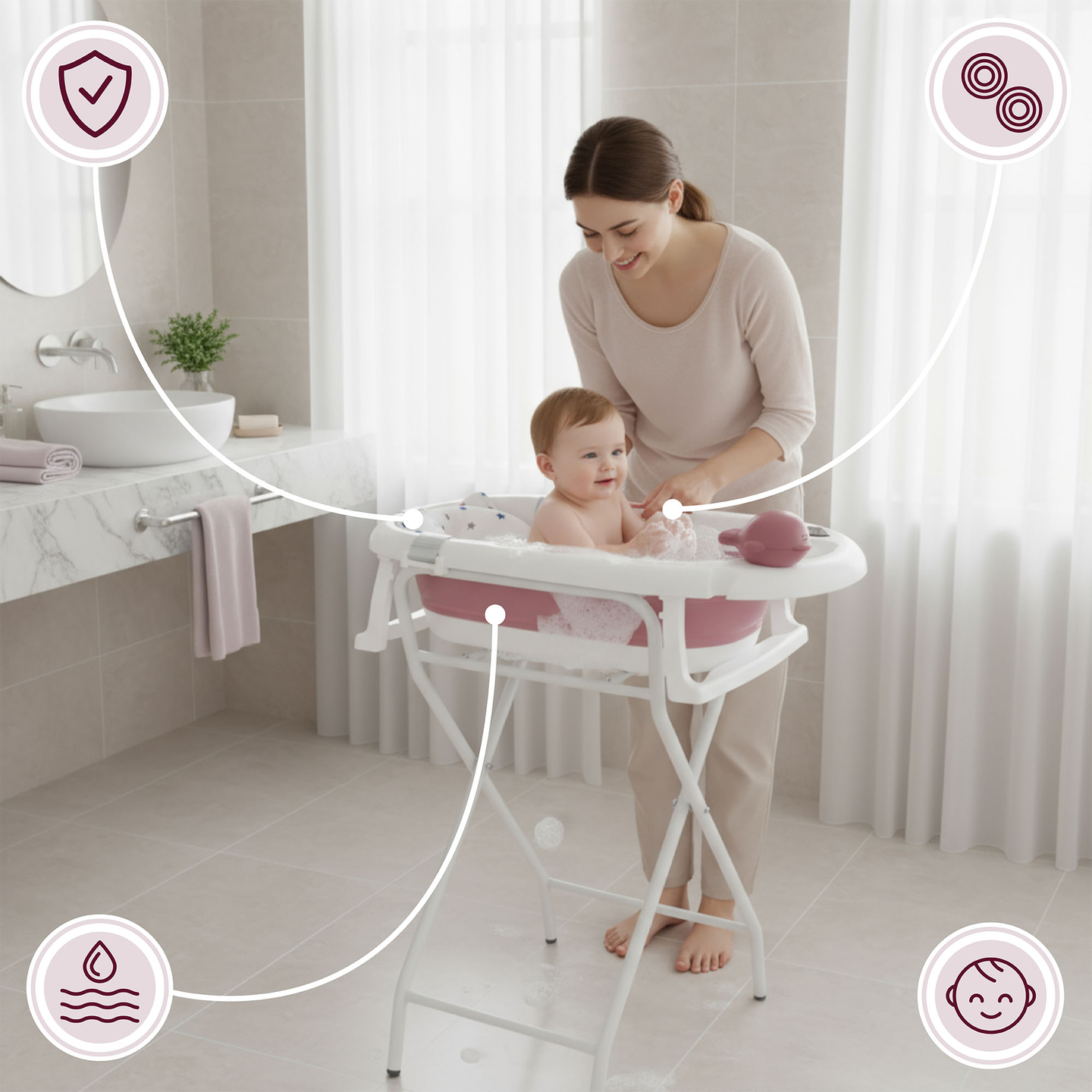 Baignoire pliante pour bébé avec thermomètre, insert et support - couleur rose sale