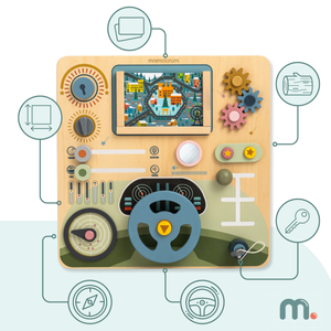 Planche Montessori en bois 2 en 1 Cockpit pour le petit conducteur et pilote – volant, levier de vitesse, cartes de voyage, radar