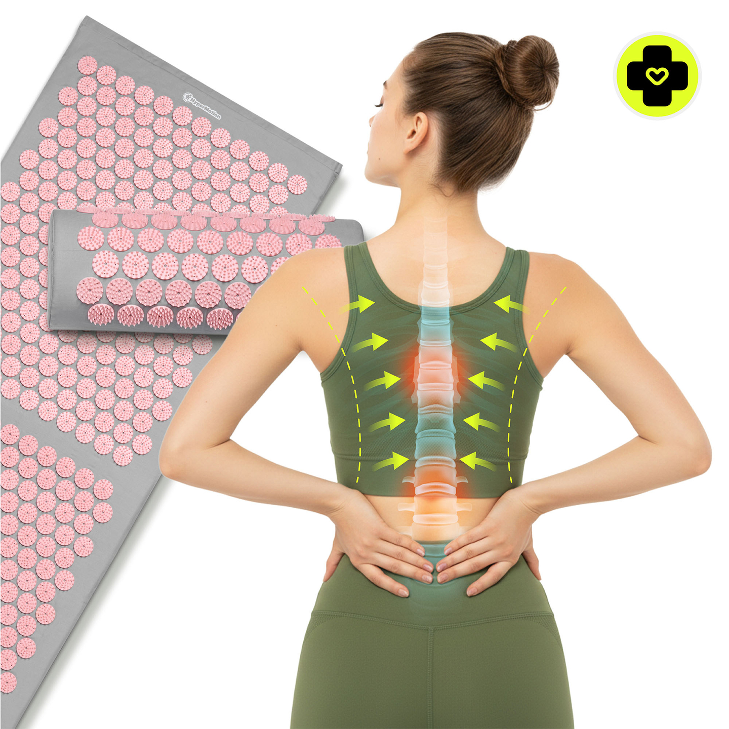 Grand tapis d'acupression avec coussin et housse - 130 cm HyperMotion gris et rose