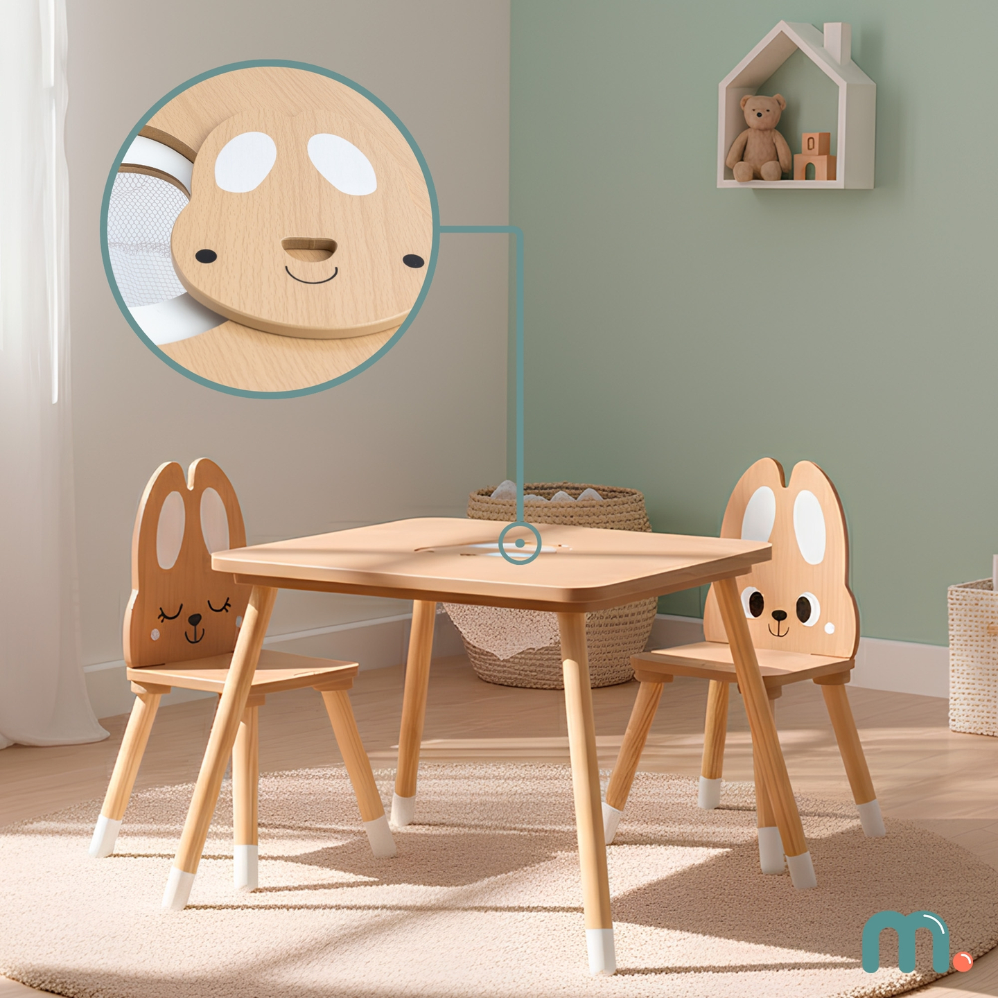 Table en bois avec rangement et 2 chaises Ensemble enfant - Lapin mignon