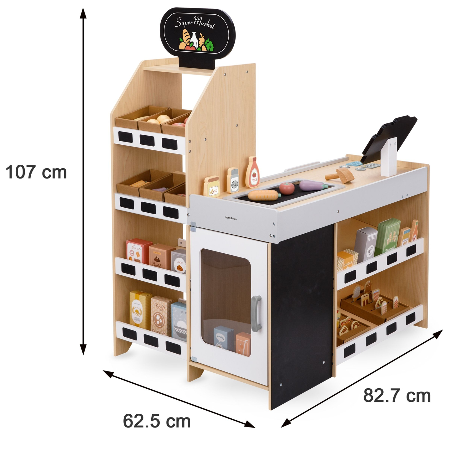 Marché aux légumes en bois - grand étal XXL, magasin avec caisse enregistreuse ludique