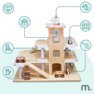 Parking en bois à trois étages avec ascenseur - garage pour voitures et hélicoptère