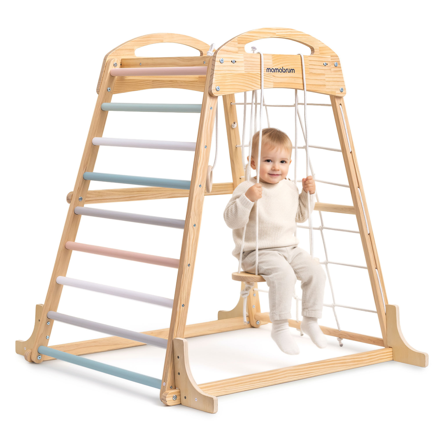 Aire de jeux intérieure en bois avec balançoire, anneaux de gymnastique et filet d&#39;escalade