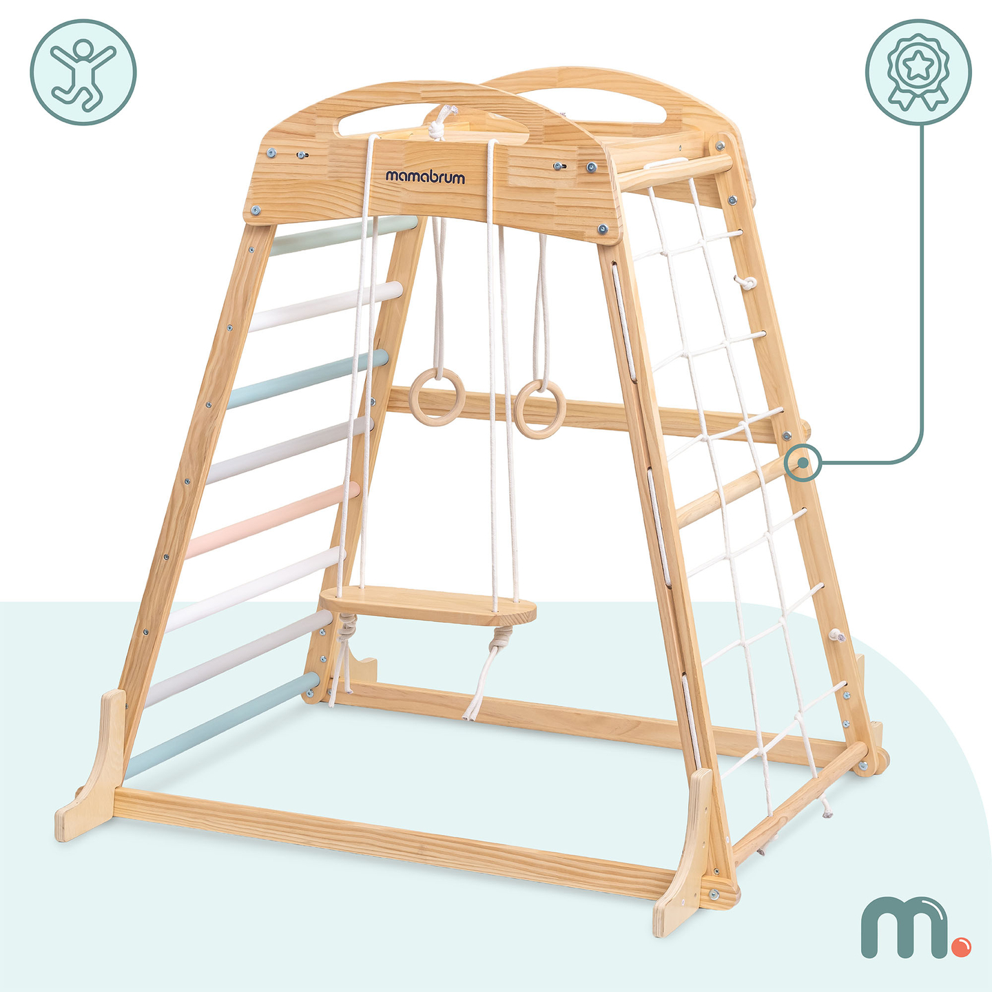 Aire de jeux intérieure en bois avec balançoire, anneaux de gymnastique et filet d'escalade