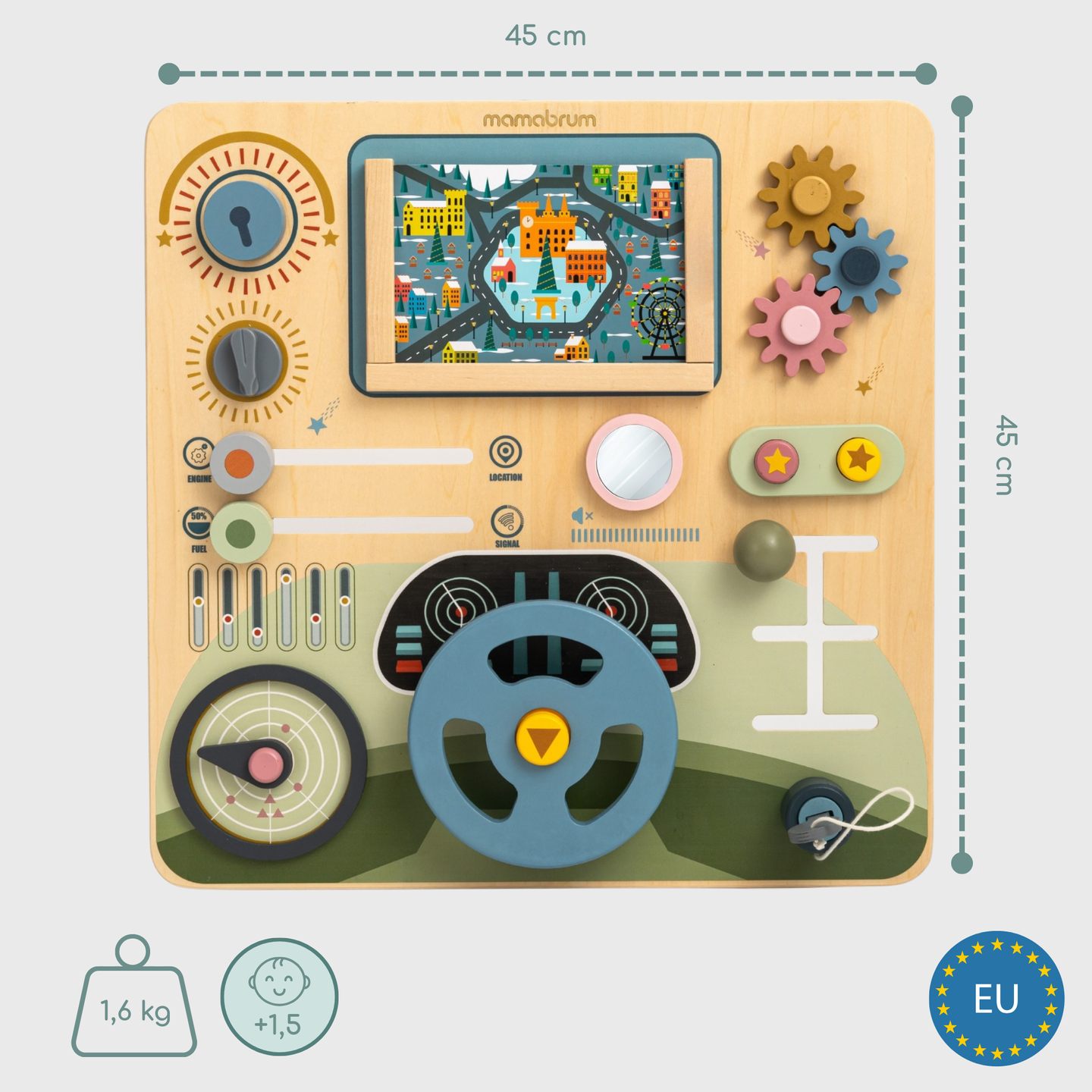 Planche Montessori en bois 2 en 1 Cockpit pour le petit conducteur et pilote – volant, levier de vitesse, cartes de voyage, radar