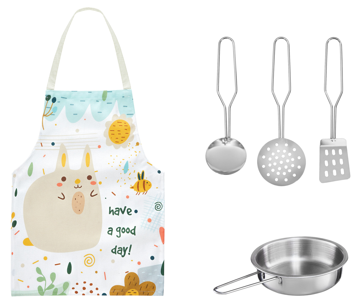 Cuisine en bois blanc avec tablier, accessoires et lampe LED