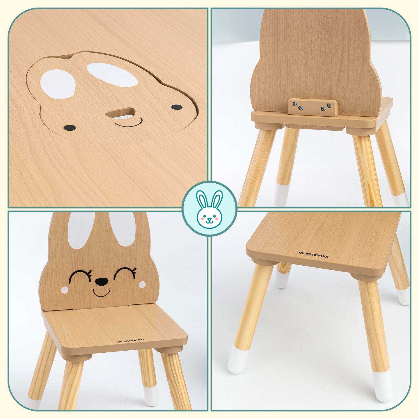 Table en bois avec rangement et 2 chaises Ensemble enfant - Lapin mignon